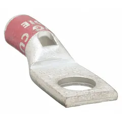 One-hole compression lug for 8 AWG solid or stranded copper wire with a 3/8 in stud size. Used for secure electrical terminations in power distribution, control panels, and heavy machinery.