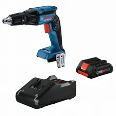 Brushless cordless drywall screw gun kit with 1/4-inch drive. Delivers 4,500 RPM no-load speed for efficient screw driving in gypsum board. Includes one 18 V DC, 4.0 Ah battery. Suitable for high-volume fastening in drywall installation.