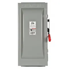The Siemens HF323J is a 100 A, three-phase fusible safety switch rated for 240V AC. It features a galvanized steel enclosure designed for indoor use. This switch provides a means to safely disconnect electrical power for maintenance or emergency shutdown in three-phase circuits.