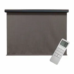 Motorized outdoor shade from the Regal Series, featuring a 6 ft valence width, gray fabric, and an oil-rubbed bronze valance. Operated via remote control with a cable tie-down system for secure installation. Suitable for residential or light-commercial outdoor shading applications such as patios, decks, or storefronts.