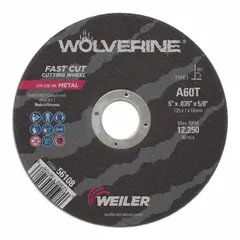 General purpose cut-off wheel for carbon and stainless steel. Features 60 grit aluminum oxide abrasive. Measures 5 in diameter, 0.035 in thickness, with a 5/8 in arbor hole. Suitable for cutting ferrous materials in metal fabrication and maintenance applications.