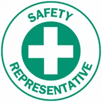 2-inch diameter, non-reflective, English-language circle label for identifying safety representatives on hard hats. Pack of 4 labels. Suitable for use in industrial environments to designate safety roles