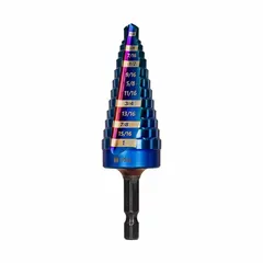 This step drill bit is made from high-speed steel with a black oxide finish and is impact-rated for use with impact drivers. It features a quick-change hex shank for fast bit swaps and drills holes from 1/4 in to 1 in. Suitable for drilling progressively larger holes in metal, plastic, and wood in construction, electrical, and maintenance tasks.