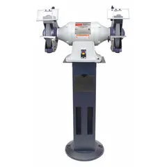 Fixed-speed pedestal grinder with a 1 1/2 hp motor operating at 1,800 RPM. Accepts wheels up to 10 in diameter. Powered by 115/240V supply. Suitable for deburring, sharpening, and shaping metal parts in industrial maintenance and fabrication settings.