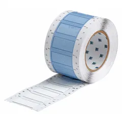 Polyolefin sleeve label in white matte finish, measuring 1/2 in x 1 in. Designed for wire gauges from 1 AWG to 8 AWG. Compatible with THT printer series. Used for permanent wire identification in electrical panels, machinery, and control systems.