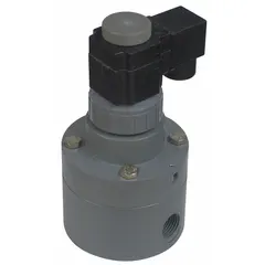 This 2-way, 2-position normally closed solenoid valve features a 3/4 in pipe size and 120V AC operation. It is designed with an inline pilot, DIN configuration and a dust-tight coil enclosure. Suitable for on/off control of fluids in industrial plumbing systems.
