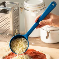 This solid acetal portion control spoon from CARLISLE has an 8 oz capacity and a 13 3/8 in overall length. The blue spoon is designed for accurate serving in commercial kitchens and food service operations, such as cafeterias and restaurants. It is not NSF certified.