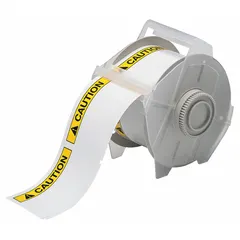 Vinyl label roll with CAUTION header, available in 2 1/4 in x 3 1/4 in and 3 1/4 in x 2 1/4 in sizes. Features acrylic adhesive for secure bonding. Compatible with GlobalMark printer series. Used for industrial safety identification, marking equipment or areas requiring caution.
