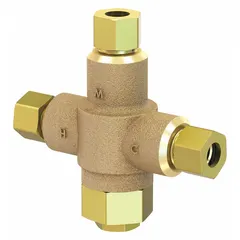 Brass point-of-use thermostatic mixing valve with 3/8 in inlet and outlet connections. Blends hot and cold water to a consistent temperature for applications such as lavatories, sinks, or other fixtures requiring tempered water.