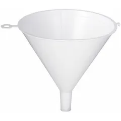 Polyethylene funnel with a 12 fl oz fluid capacity and 4 1/16 in overall diameter. Folding spout design for compact storage. Suitable for transferring fluids into fuel tanks, machinery reservoirs, and other confined openings.