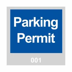 Vinyl parking hanger with blue background and white text. Each hanger measures 3 inches overall width and 3 inches card height. Supplied in a 100-pack. Used to designate authorized parking spaces in parking lots or facilities.