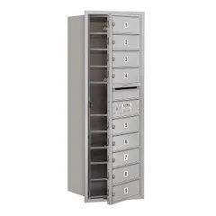 This horizontal multi-unit mailbox features 9 lockable doors for secure mail distribution. Designed for recessed mounting, it measures 41 3/8 inches high by 17 inches wide by 16 1/2 inches deep. Suitable for apartment buildings, condominiums, or commercial facilities requiring organized mail delivery to multiple tenants or departments.