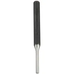 This flat-tip pin removing punch features a hexagon shank for secure grip and controlled striking. With a 5/16 in shank width, 1 3/8 in taper length, and 4 3/4 in overall length, it is designed for driving out pins and keys from machinery assemblies during maintenance or repair tasks.