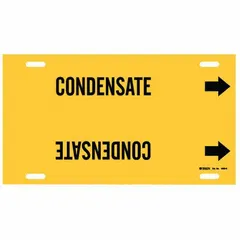 Yellow strap-on pipe marker with black legend reading 'Condensate' and directional arrows. Fits pipe outer diameters from 8 to 9-7/8 inches. Used to identify pipes carrying condensate in steam, HVAC, or process systems for clear visual indication.