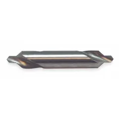 This KEO plain-tip center drill is a double-end tool with a 60° point angle and 4-inch overall length, made from cobalt. It is used to create precise conical center holes in workpieces for lathe turning or grinding operations, providing stable support and accurate alignment.