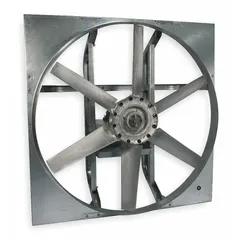 This unassembled belt-drive panel exhaust fan features a 54-inch cast aluminum blade and a zinc-plated steel frame. It delivers 33,602 to 50,124 cfm airflow, dependent on the motor. Designed for high-volume air movement in industrial facilities such as warehouses and manufacturing plants.