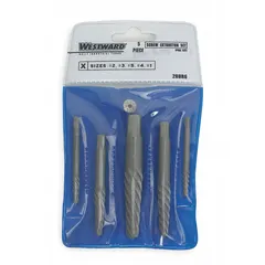 Five-piece spiral-flute extractor set for removing broken, stripped, or seized fasteners. Includes sizes #1 through #5 with a capacity range of 3/32 in to 5/8 in. Suitable for use in metal and other materials where damaged fasteners need extraction.