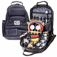 Analog mini-split manifold gauge and tool kit for R-410A refrigerant. Includes 2 valves, 3 hoses, a 2 1/2 in gauge, and a JB Backpack for portability. Used by HVAC technicians for servicing and installing mini-split air conditioning systems