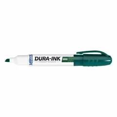 General purpose ink marker with green ink and standard actuation style. Features a 1/16 in tip width, 3-second drying time, and maximum application temperature of 150°F. Suitable for marking on metal, plastic, and other surfaces in industrial settings such as manufacturing, warehousing, and maintenance.