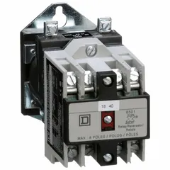 This NEMA control relay features surface mounting, a 24V DC coil, four normally open contacts rated at 10A. It is used in industrial control panels and machinery for switching loads in automation and motor control circuits.