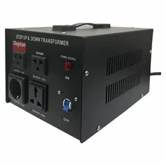 Single-phase voltage converter for stepping down 220V AC to 110V AC, rated for 50/60 Hz operation. Features 4 outlets for powering multiple devices. Suitable for international use where voltage conversion is required.
