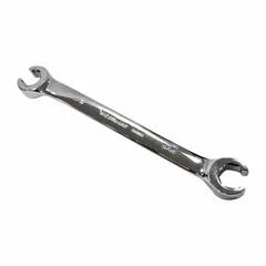 This SAE double-end flare nut wrench features 6-point heads sized 1/2 in and 9/16 in, with a 7 in overall length. Made of alloy steel with a polished finish, it is used for tightening or loosening flare nuts on brake lines, fuel lines, and hydraulic fittings.