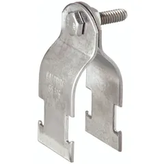 Conduit strap clamp for securing 1 in conduit to 1-5/8 in strut channels. Made of polished 316 stainless steel with a 1/4 in-20 thread size and 1.000 in cable range. Suitable for supporting electrical conduit in industrial and commercial framing systems.