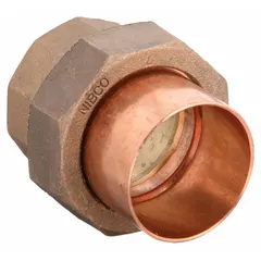 Cast copper sweat fitting union with 1 in CTS cup x 1 in CTS cup connections. Cup x FTG design for soldered installation. Used to connect two copper pipes of the same size in plumbing and HVAC systems, allowing easy disassembly for maintenance.