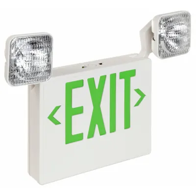 OEM Exit Sign with Emergency Lights: White, 1 or 2 Faces, Green, Incandescent - Plastic Exit Signs with Square Side-Mount Light Heads