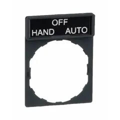 Rectangular non-metallic plastic legend plate for 22 mm panel mounting. Gray body with white legend area, marked 'Hand-Off-Auto' in English. Overall height 1 5/8 in, overall width 1 3/16 in. Used to label push-button stations in industrial control panels.