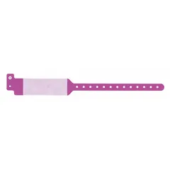 Plastic security wristband in purple, 11 3/4 in length and 1 5/8 in width, supplied in a 500-count pack. Suitable for access control, event management, and patient identification applications.