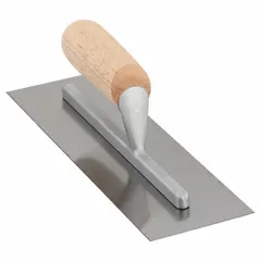 Square-end finishing trowel with a 4-inch-wide carbon steel blade. Designed for smoothing and finishing concrete surfaces, particularly in corners and edges. The square blade shape facilitates precise work on flat slabs, steps, and curbs. Features a wood handle for comfortable grip during extended use.