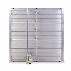Rectangular motorized control damper with aluminum construction, flat blade design, and 1 1/2 in flange width. Operates with normally open switch action at 100/240V AC, suitable for regulating airflow in HVAC and ventilation systems where fail-safe open positioning is required. Maximum air velocity 3500 fpm.