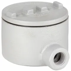 Aluminum LB round body 90° elbow conduit outlet body with powder-coated finish. Threaded female hubs for use with threaded IMC. Includes cover and grounding screw. CSA C22.2 No. 30 listed for hazardous locations. Provides a pull point or junction in conduit systems.