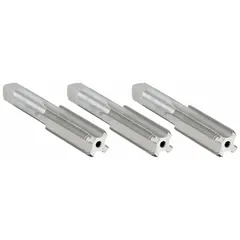 This three-piece hand tap set includes taper, plug, and bottoming taps for progressive internal threading. Each tap is 7/8"-9 UNC, H4 / 2B tolerance, 4 flute design, made from high-speed steel. Suitable for hand threading in ferrous and non-ferrous materials in maintenance, repair, and production applications.