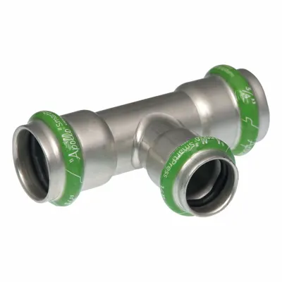 APOLLO SmartPress Crimp Tee Fitting: 3/4 in Pipe x 1/2 in Pipe x 3/4 in CTS - Potable Water Stainless Steel Press Fittings