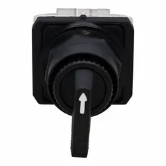 This 3-position maintained selector switch features a long-handled knob operator and a C cam, providing On-Off-On control. The extended lever design suits panel mounting in industrial control applications requiring manual mode selection or motor control. Rated 6 A at 120 V AC and 0.27 A at 250 V DC, it has a plastic operator head and non-metallic bezel.