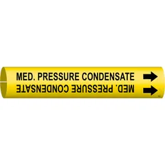 Yellow pipe marker with black legend text reading 'Med. Pressure Condensate' and directional arrows. Fits pipe outer diameters from 2-1/2 to 3-7/8 inches. Used to identify medium-pressure condensate lines in piping systems.