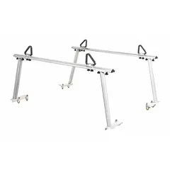 Adjustable aluminum truck bed rack in silver finish. Dimensions: 12-5/8 in length, 66-1/2 in width, 30 in height. Designed for securing long materials such as ladders, pipes, and lumber above the truck bed in fleet and vehicle maintenance applications.