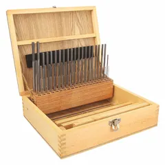 This set contains 60 high-speed steel chucking reamers with straight flutes, ranging in size from #60 to #1. Designed for precision sizing and finishing of pre-drilled holes in metal, plastic, and wood. Suitable for use in drill chucks or collets for through-hole applications.