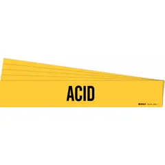 Yellow adhesive pipe marker with black 'Acid' legend for identifying pipes carrying acid. Fits pipe outer diameters from 2-1/2 to 7-7/8 inches. Pack of 5 markers, each without directional arrows. Suitable for industrial piping systems requiring clear hazard identification.