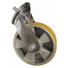 This steel wheel kit is a replacement part for mechanical-lift machinery. It is compatible with Dayton 13V407 and 13V408 models. The yellow finish matches original equipment. Use to restore mobility to machinery movers in industrial material handling and maintenance applications.