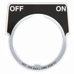 Half-round legend plate for 30 mm panel mounting, constructed of aluminum with a black metallic finish. Overall height 1 15/16 in, overall width 2 5/16 in. Marked 'Off-On' for use with 9001SK series operators. Commonly applied in industrial control panels to label push-button functions.
