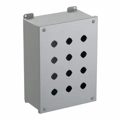 Carbon steel enclosure with 12 holes for 22mm push button operators. Rated NEMA 12/13 for oil-tight and dust-tight protection. Suitable for industrial control applications requiring a durable housing for operator interface devices.