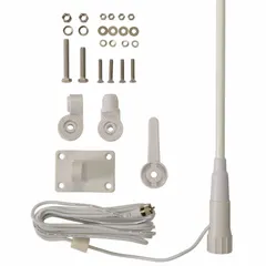 This VHF antenna operates from 156 MHz to 162 MHz and is compatible with Cobra BlueBound and MRF radio series. With a 5 ft overall length and white finish, it is suited for marine and mobile two-way radio communication requiring VHF band coverage.