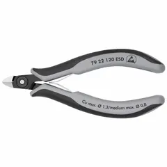 ESD-safe flush-cut pliers with oval jaw for precision cutting of fine wires and component leads. Overall length 4 3/4 in, jaw length 1/4 in. Suitable for electronics assembly and repair in static-sensitive areas.