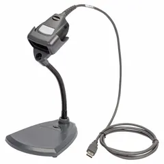 This dark gray corded 2D barcode scanner includes a stand and base for hands-free operation. It reads barcodes on labels, tags, and screens. The scanner cable is required and sold separately. Suitable for scanning tasks in industrial, retail, and hospitality settings.