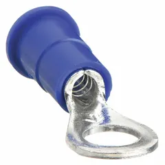 Vinyl-insulated ring terminal rated for 600 V. Accepts 16 AWG to 14 AWG wire and fits a #10 stud. Used for secure crimp connections in control panels, machinery, and power distribution where vibration-resistant terminations are required.