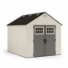 This unassembled plastic shed offers 547 cubic feet of storage space with a gable roof design. It is water resistant and lockable, suitable for storing garden tools, lawn equipment, and seasonal items outdoors. Dimensions: 93 in L x 117 in D x 100 1/2 in H.