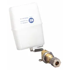 Float valve for SCOTSMAN ice machines, regulating water flow to maintain correct water level during ice production. Used as a replacement part in commercial ice machine maintenance.